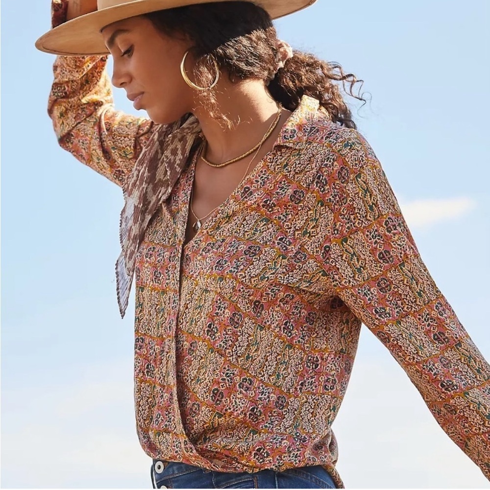 Anthropologie Pilcro Tisha Surplice Blouse Orange Motif Paisley Small